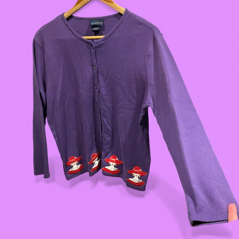 Cute 90’s purple cotton cardigan embroidered hat ladies patches trim polka dot